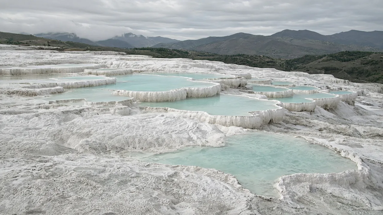 Pamukkale'nin beyaz traverten terasları ve soluk turkuaz su birikintileri